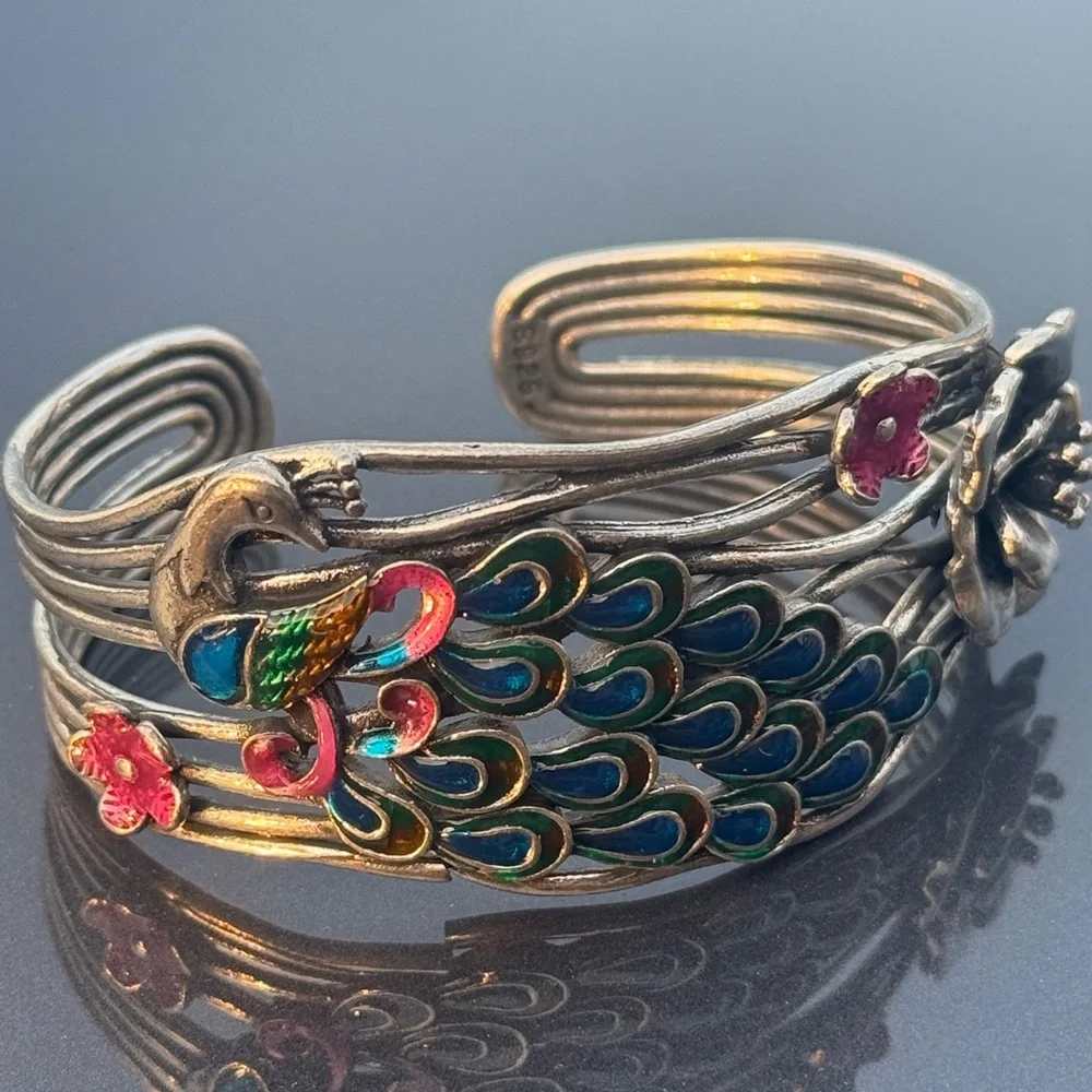 Sterling Silver Peacock Bangle Bracelet Cuff